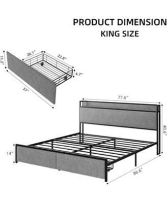 Platform Bed Frame with Storage Drawers and USB Ports, Upholstered Headboard, Sturdy, Noise-Free, No Box Spring Needed