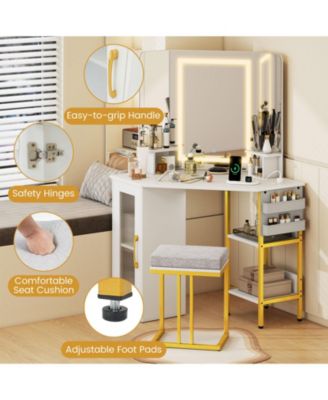 Corner Vanity Desk with Triple Mirror and Lights
