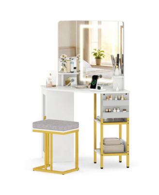 Corner Vanity Desk with Triple Mirror and Lights