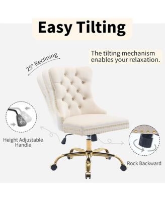 Velvet Upholstered Office Chair, Tufted Button Desk Chair, Adjustable Swivel Computer Chair with Metal Base, Nailhead for Home Office