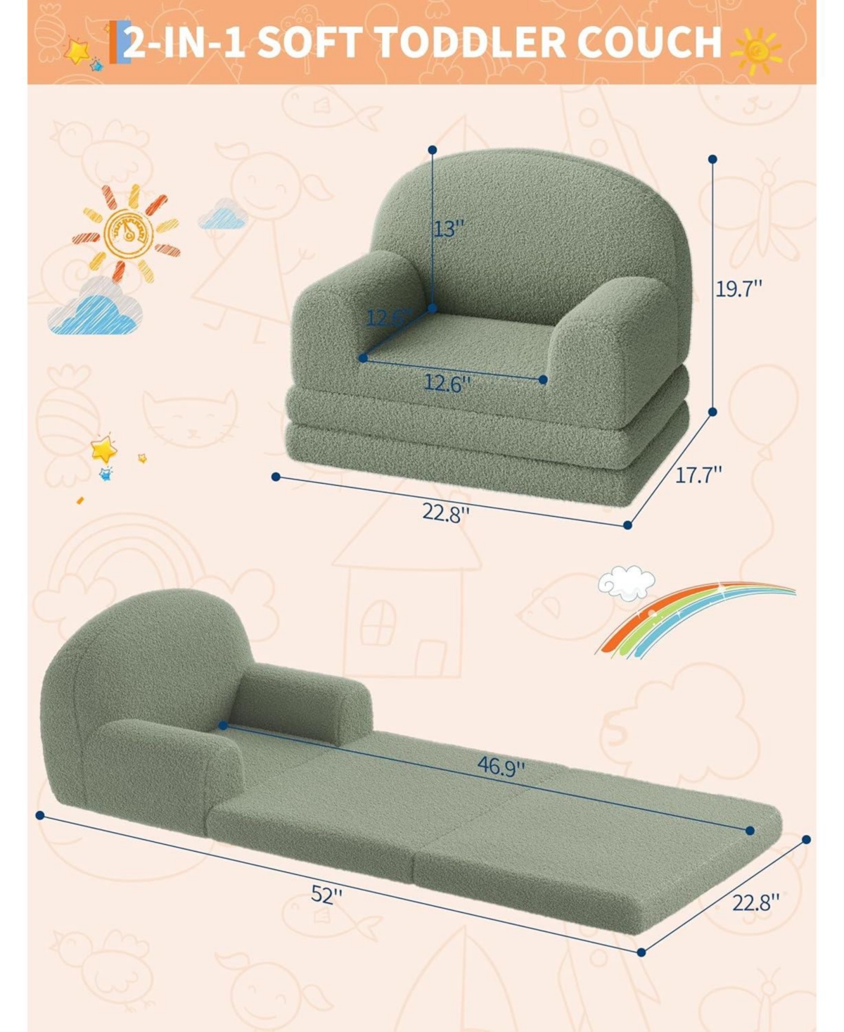 gaomon Kids Couch, 2-in-1 Comfy Toddler Couch Fold Out