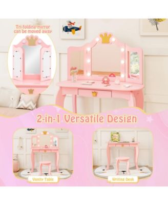 Kids Vanity Set with Tri Fold Lighted Mirror and Stool