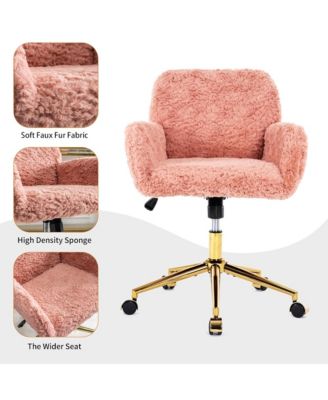 Faux Fur Home Office Chair, Adjustable Swivel Desk Chair, Upholstered Computer Chair with Wheels and Gold Base for Home Office
