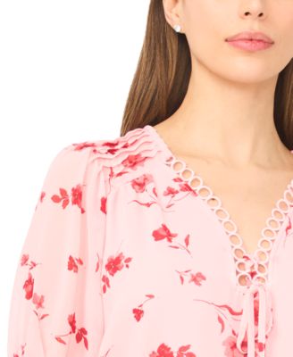Women's Floral V-Neck Pintuck Blouse