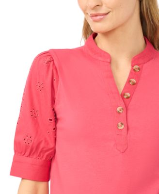 Women's Henley Puff-Sleeve Cotton Top