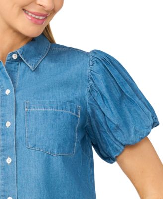 Women's Collared Puff-Sleeve Button-Up Cotton Top