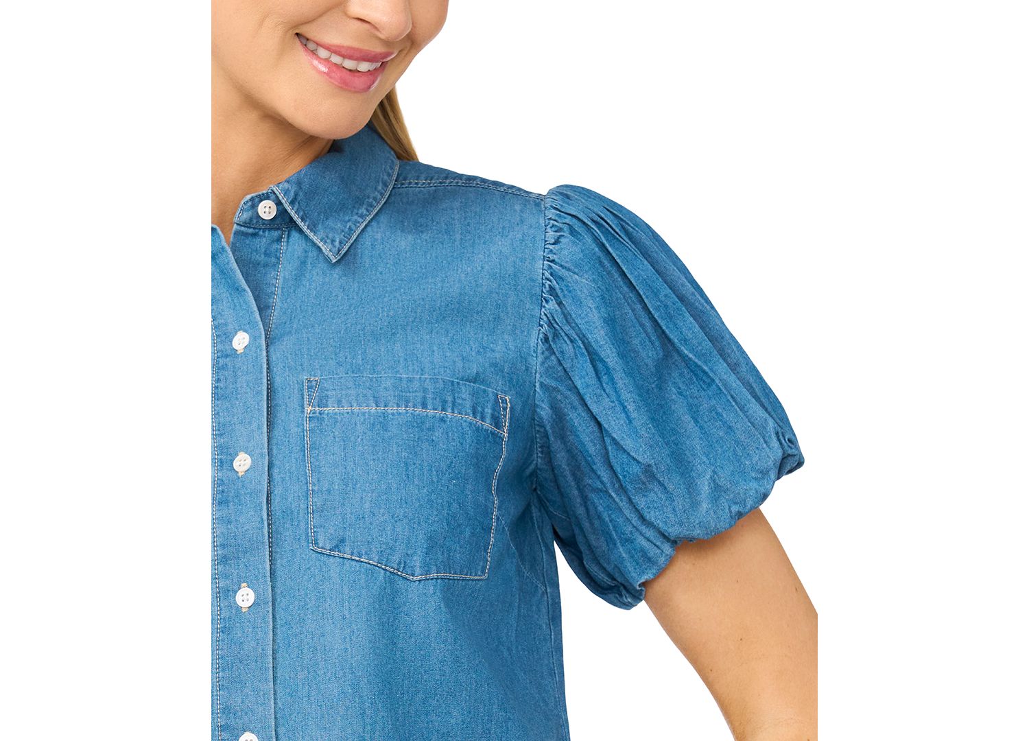 Women's Collared Puff-Sleeve Button-Up Cotton Top