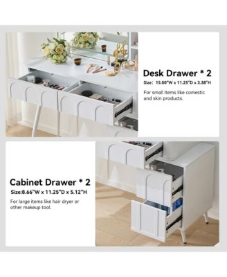 Modern Makeup Vanity Desk - 4 Drawer Dressing Table Set with Cushioned Stool, LED Lighted Mirror for Bedroom