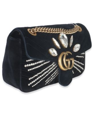 Black Velvet Crystal Embellished Medium GG Marmont Shoulder Bag