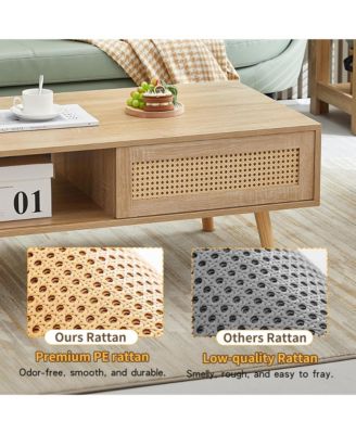 41.34" Rattan Coffee Table, Rectangle Wooden Center Tables with Sliding Door and Solid Wood Legs for Living Room, Home Office