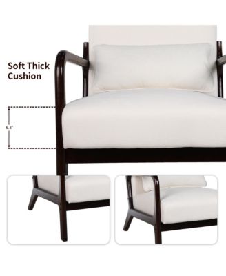 Mid Century Modern Accent Chair - Solid Wood Frame and Detachable Lumbar Pillow, Comfy Linen Armchair for Living Room and Bedroom