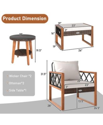 5 PCS PE Rattan Conversation Set w/Acacia Wood Table Chairs w/Ottomans Outdoor