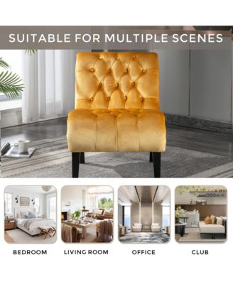 Modern Velvet Accent Chair, Upholstered Fabric Button Reading Chaise with Tufted Back, Wooden Legs and Rolled Edge Design for Living Room