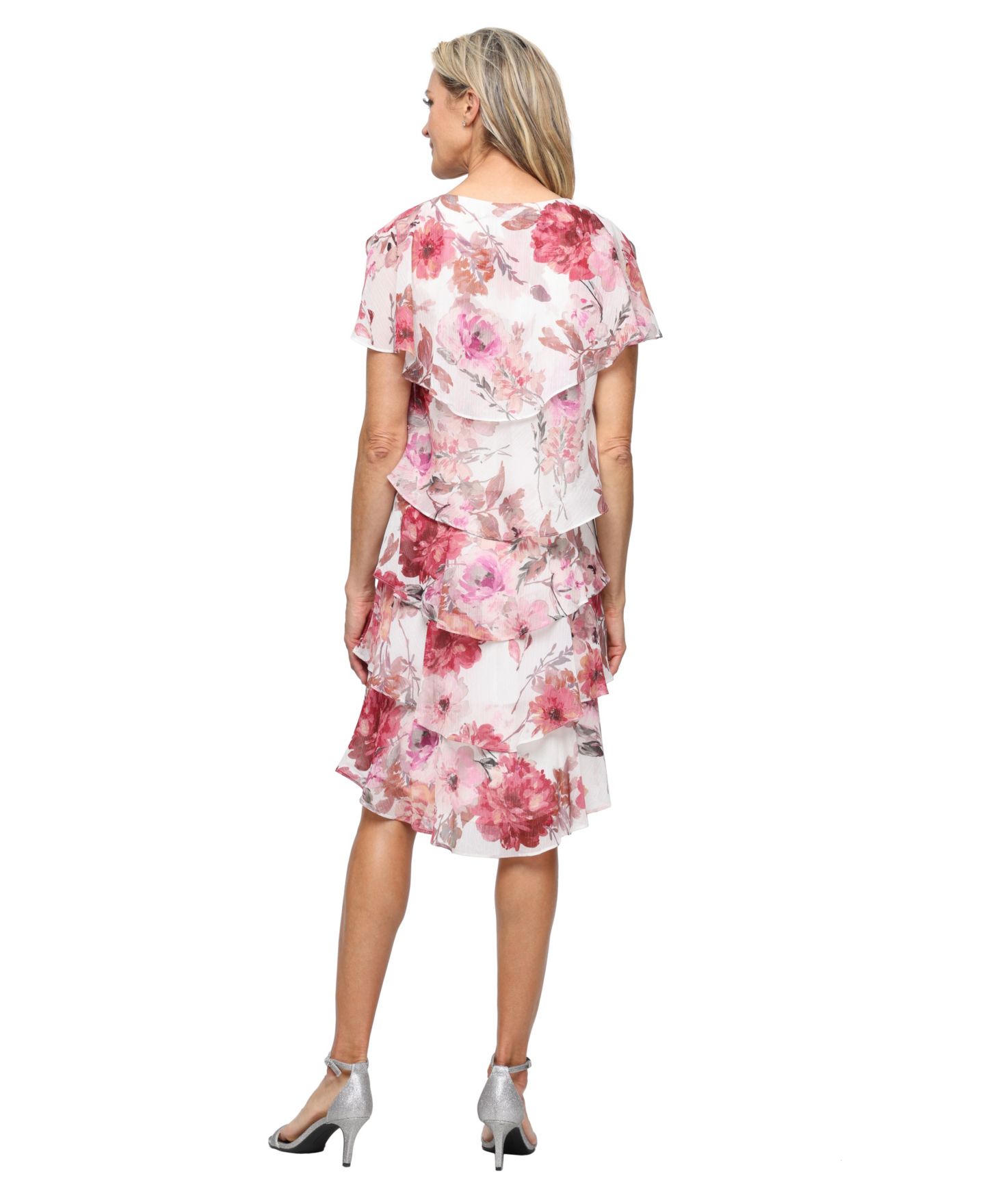Женское платье SL Fashions Printed V-Neck Tier, цвет: Розовый разноцветный — фото 3
