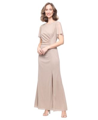 Petite Flutter-Sleeve Embellished Glitter Gown