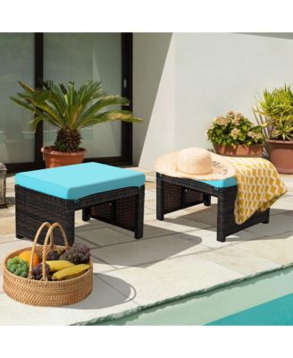 Set of 2 Rattan Ottoman Footrest Footstool Patio Furniture w/ Turquoise Cushion