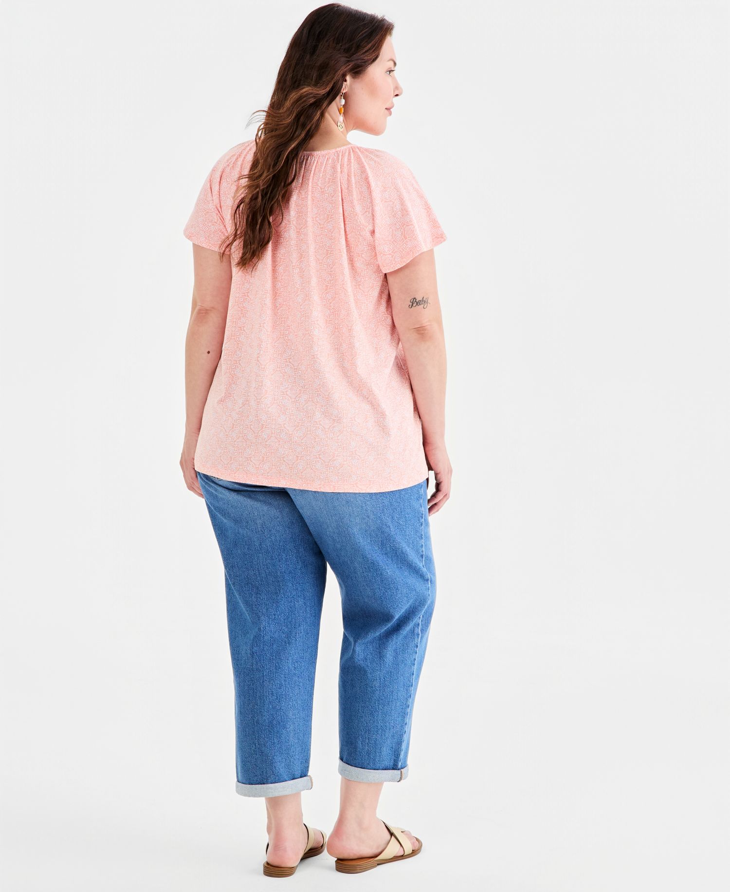 Plus Size Printed Scoop-Neck Flutter-Sleeve Top
