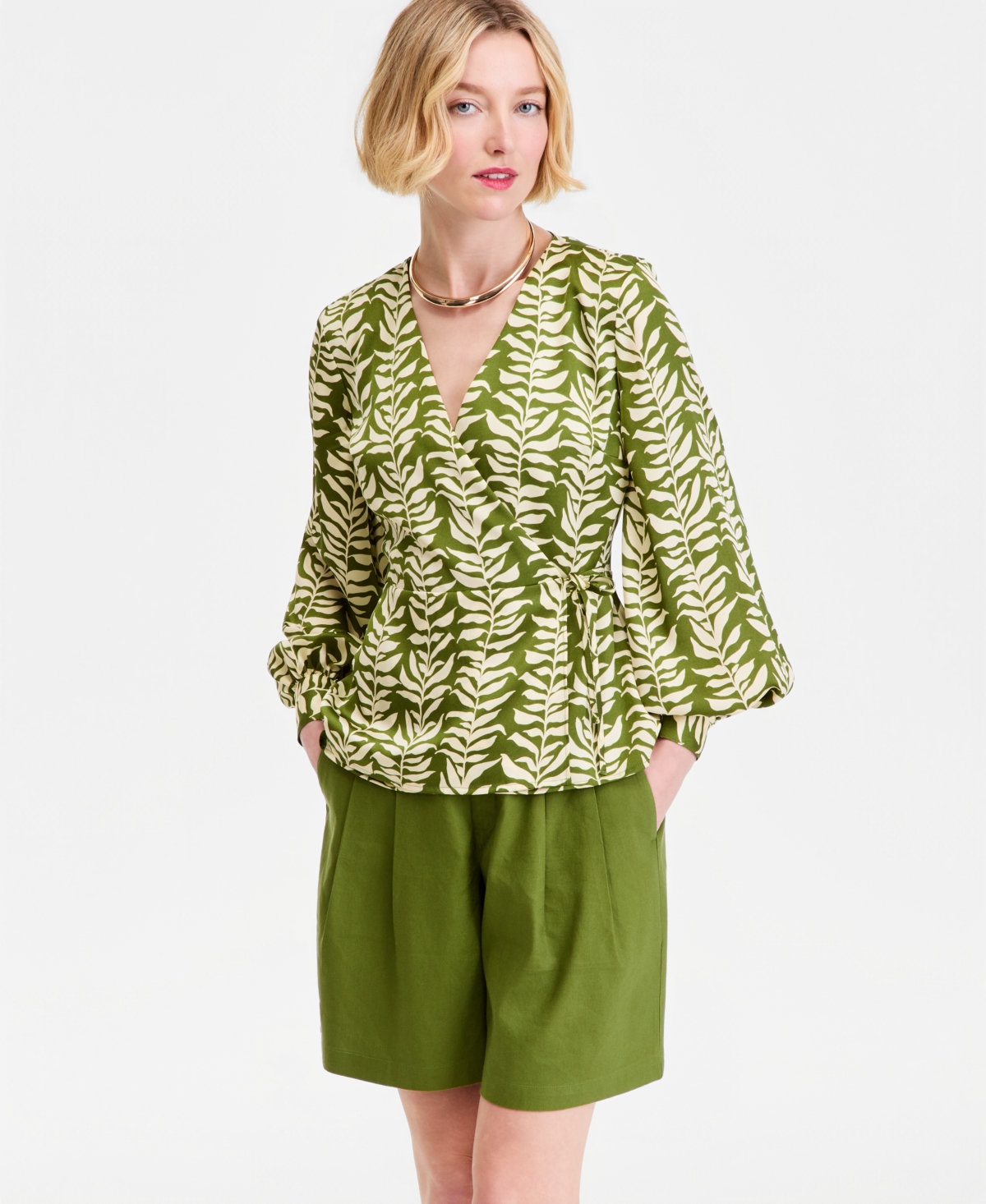 I.n.c. International Concepts Women's Printed Blouson-Sleeve Wrap Blouse, Macy's Exclusive