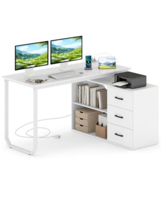 55 in Reversible L Shaped Desk with Drawers and Storage Shelf
