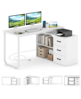 55 in Reversible L Shaped Desk with Drawers and Storage Shelf