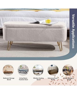 Modern Storage Ottoman Bench - Oval Faux Fur Entryway Bench, End of Bed Bench with Legs for Living Room, Bedroom