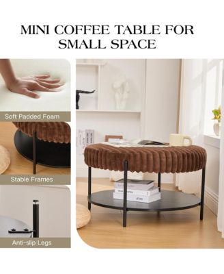 30.9" Wide Upholstered Round Ottoman, Faux Fur Footstool with Wooden Open Storage Shelf and Black Metal Legs for Living Room