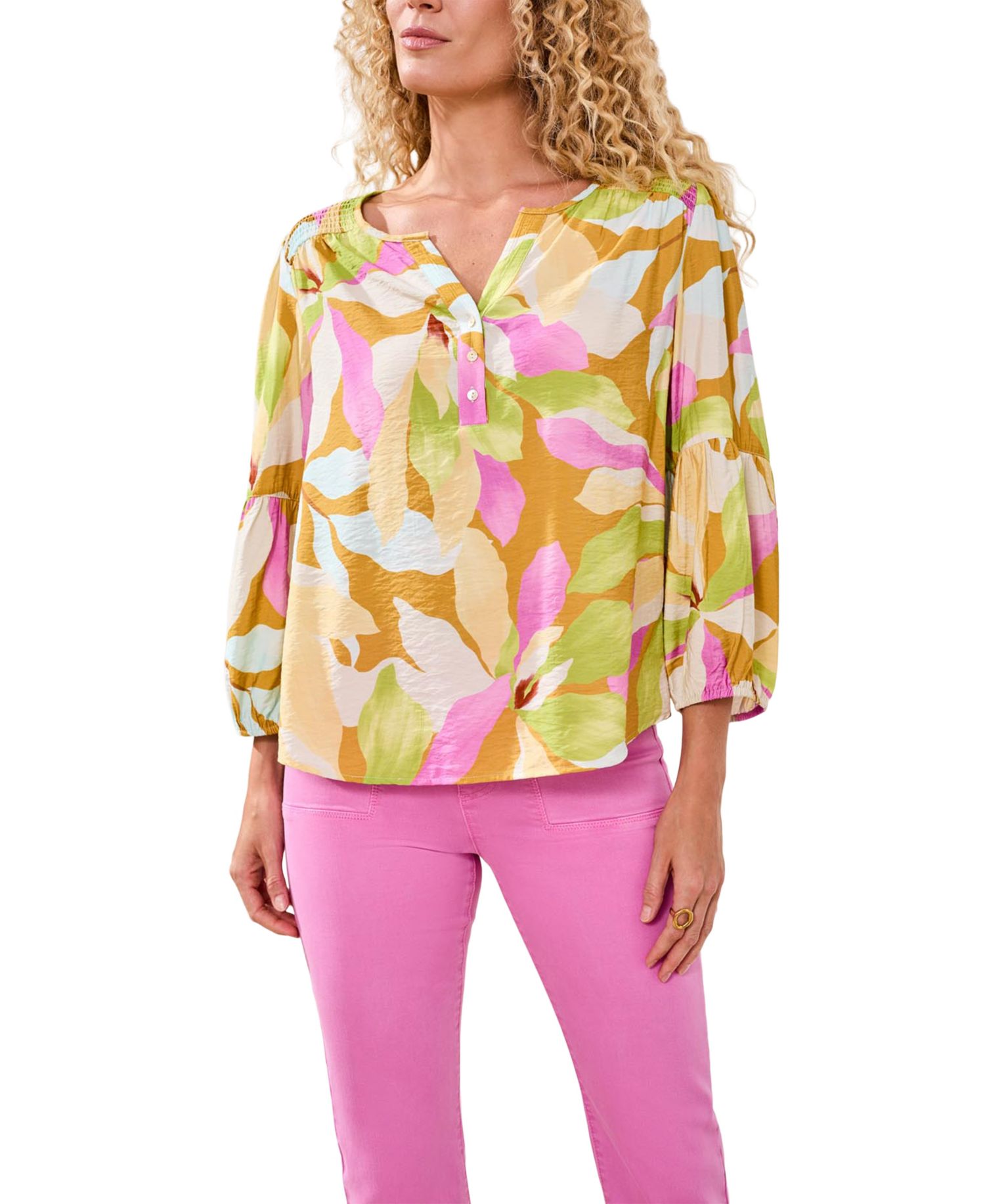 Women's Printed Challis Smocked Yoke Top