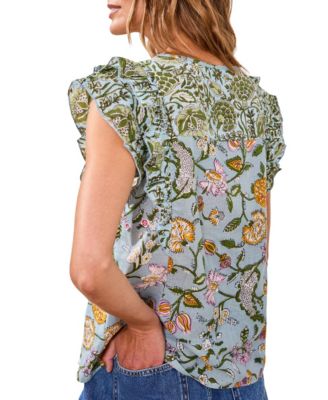 Women's Mixed Media Cap-Sleeve Printed Top 
