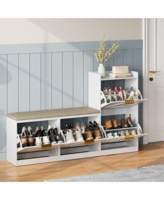 Farmhouse Entryway Shoe Cabinet with Bench and 4 Flip Drawers, Comfort Cushioned Shoe Storage Bench, Freestanding Shoe Organizer