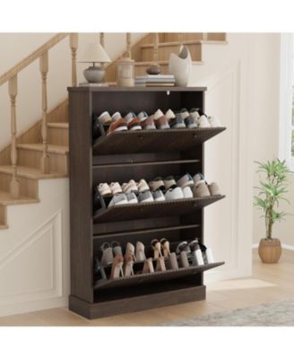 Fluted Shoe Cabinet Storage with 3 Flip Drawers, Wooden Fluted Narrow Shoe Organizer with Adjustable and Removable Shelves