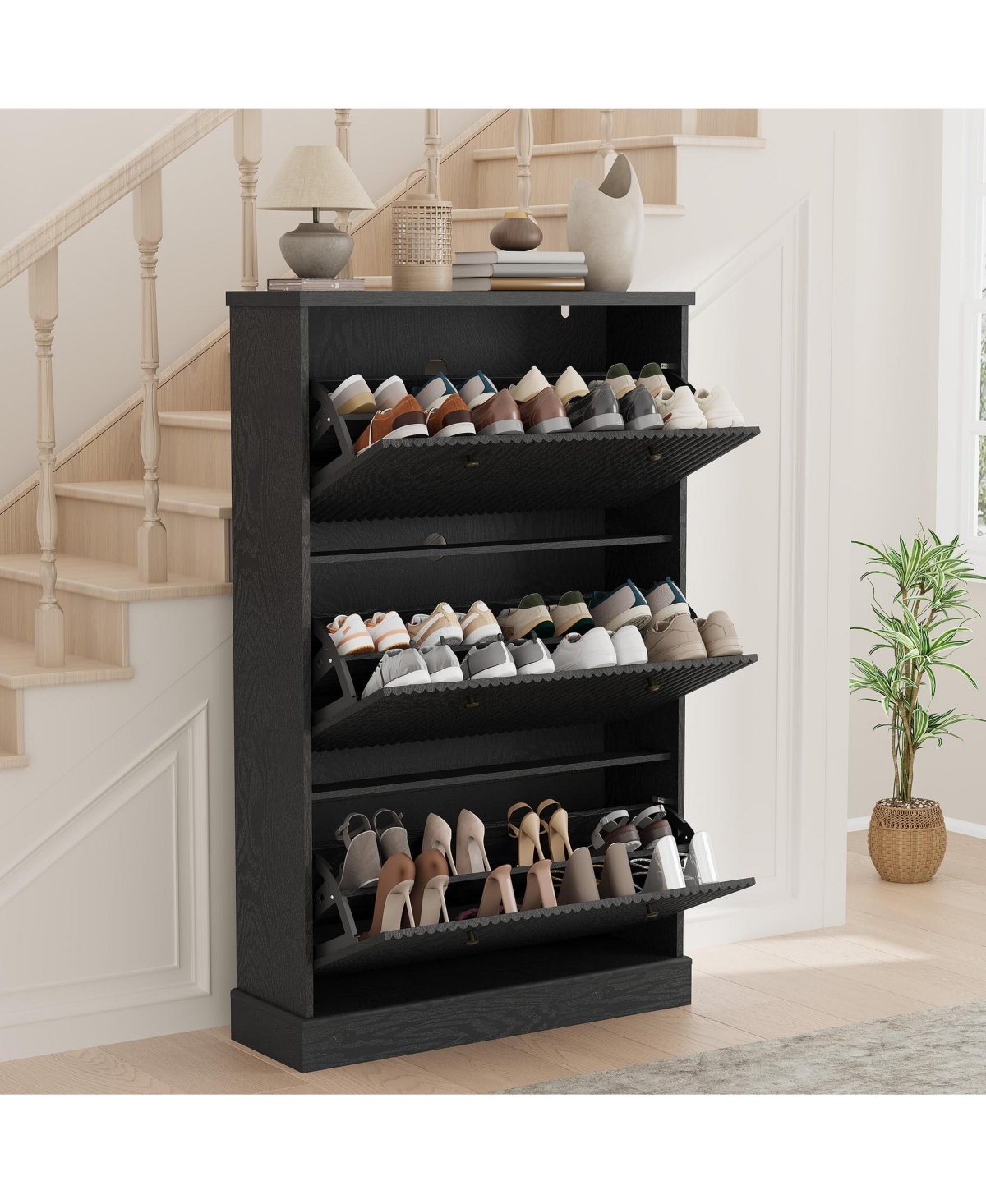 Homfan Fluted Shoe Cabinet Storage with 3 Flip Drawers, Wooden Narrow Organizer Adjustable and Removable Shelves