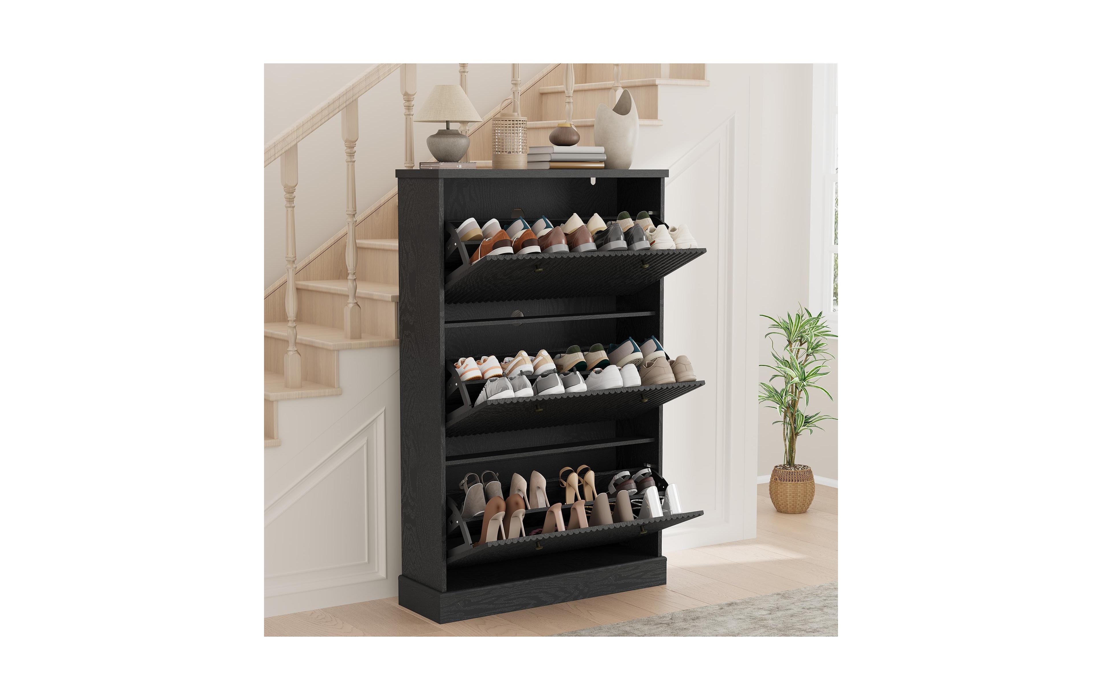 Homfan Fluted Shoe Cabinet Storage with 3 Flip Drawers, Wooden Narrow Organizer Adjustable and Removable Shelves