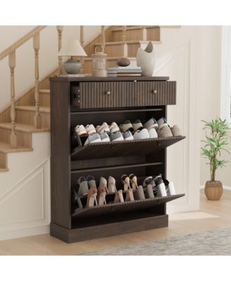 Fluted Shoe Storage Cabinet with 2 Flip Drawers and Top Drawer, 42" Tall Narrow Shoe Organizer, Curved Profile Design