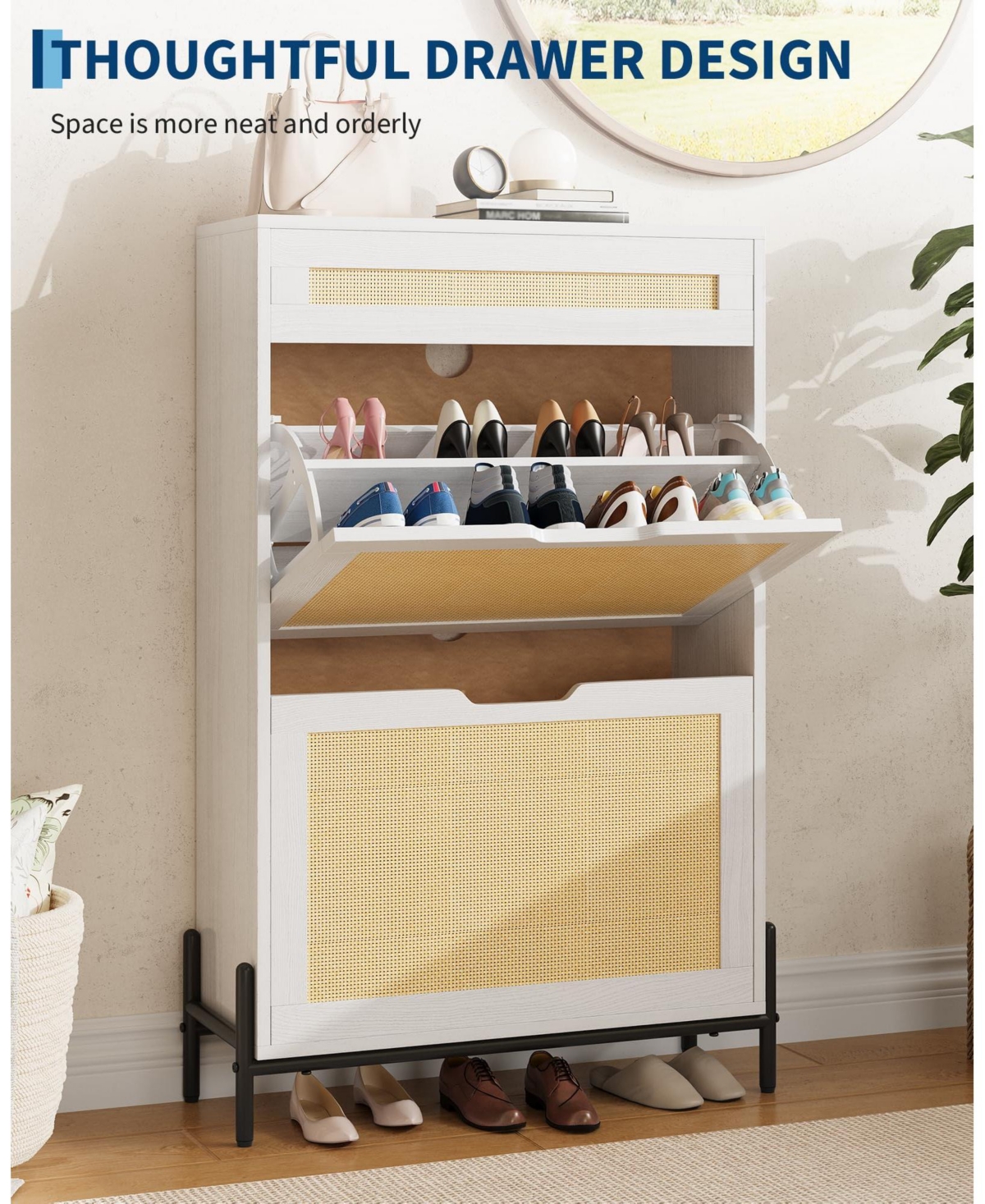 Homfan Rattan Shoe Cabinet Storage with 2 Flip Drawers and Top Drawer, Freestanding Shoe Organizer Wooden Slim Shoe Rack Storage