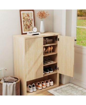 2 Fluted Doors with 5 Tier Shoe Cabinet, Freestanding Entryway Storage Cabinet with Adjustable Shelves for Living Room, Hallway, Porch, Oak