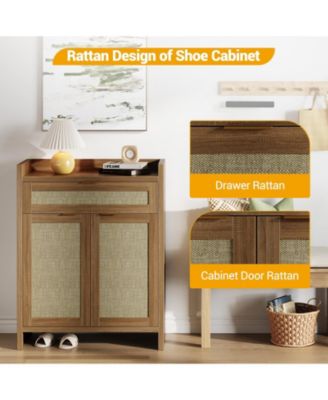 2Pcs Modern Rattan Shoe Cabinet With Storage,32'' Boho Style Shoe Organizer Storage Cabinet With Shelves and Doors,Wooden Shoe Rack Cabinet