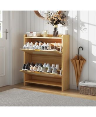 2 Flip-Drawer Shoe Storage Cabinet - Free Standing Narrow Organizer with Rattan Doors for Entryway and Hallway