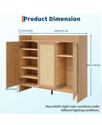 Rattan Shoe Cabinet for Entryway, Wooden Shoe Rack Freestanding Storage Cabinet with Adjustable Shelves for Living Room Hallway