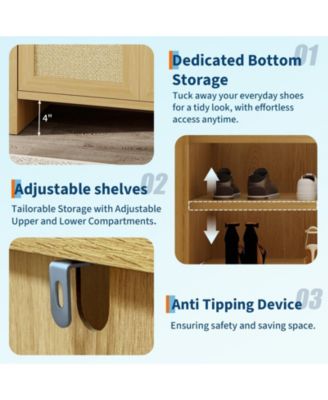 Rattan Shoe Cabinet for Entryway, Wooden Shoe Rack Freestanding Storage Cabinet with Adjustable Shelves for Living Room Hallway