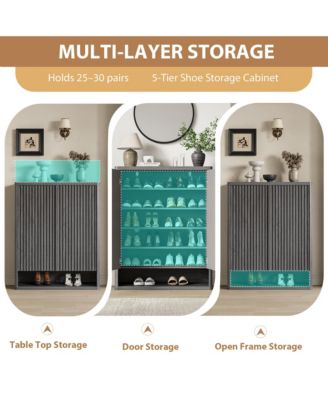 31.5 Inch Shoe Cabinet, Large Shoe Storage Cabinet with Adjustable Shelves, Wooden Shoe Organizer with Fluted Door Holds 25–30 Pairs