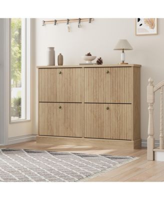 Shoe Cabinet with 4 Flip Drawers,Freestanding Cabinet with Adjustable Shelves and Thicken Top, Fluted Design, Wooden Narrow Shoe Organizer