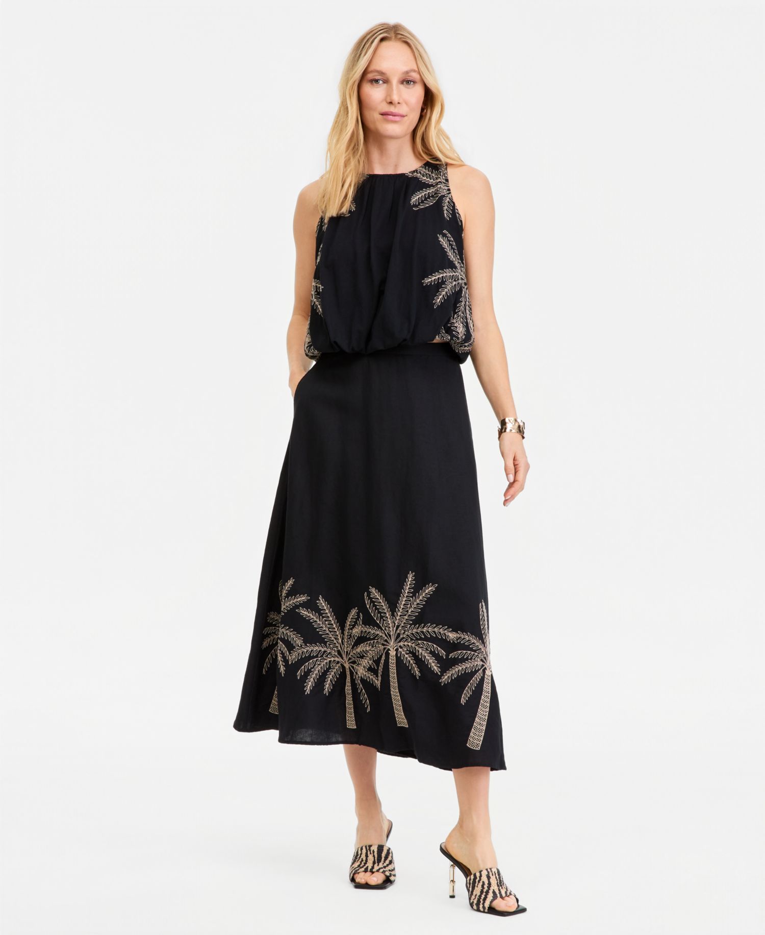 Women's Linen-Blend Embroidered Midi Skirt