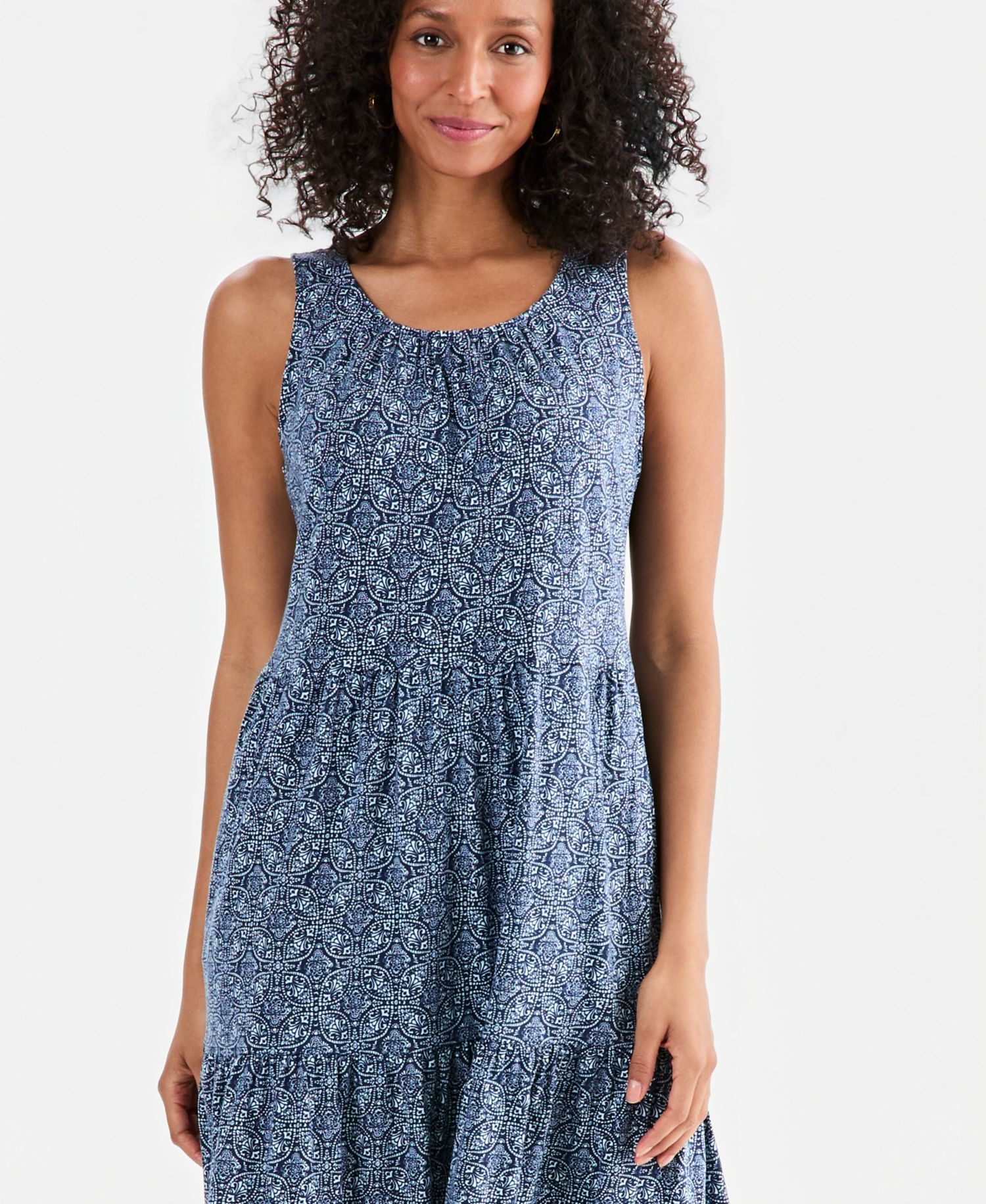 Petite Printed Round-Neck Tiered Tank Dress