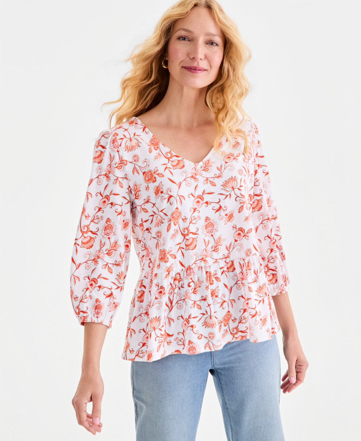 Style & Co Women's Printed 3/4-Sleeve V-Neck Peplum Top, Macy's Exclusive