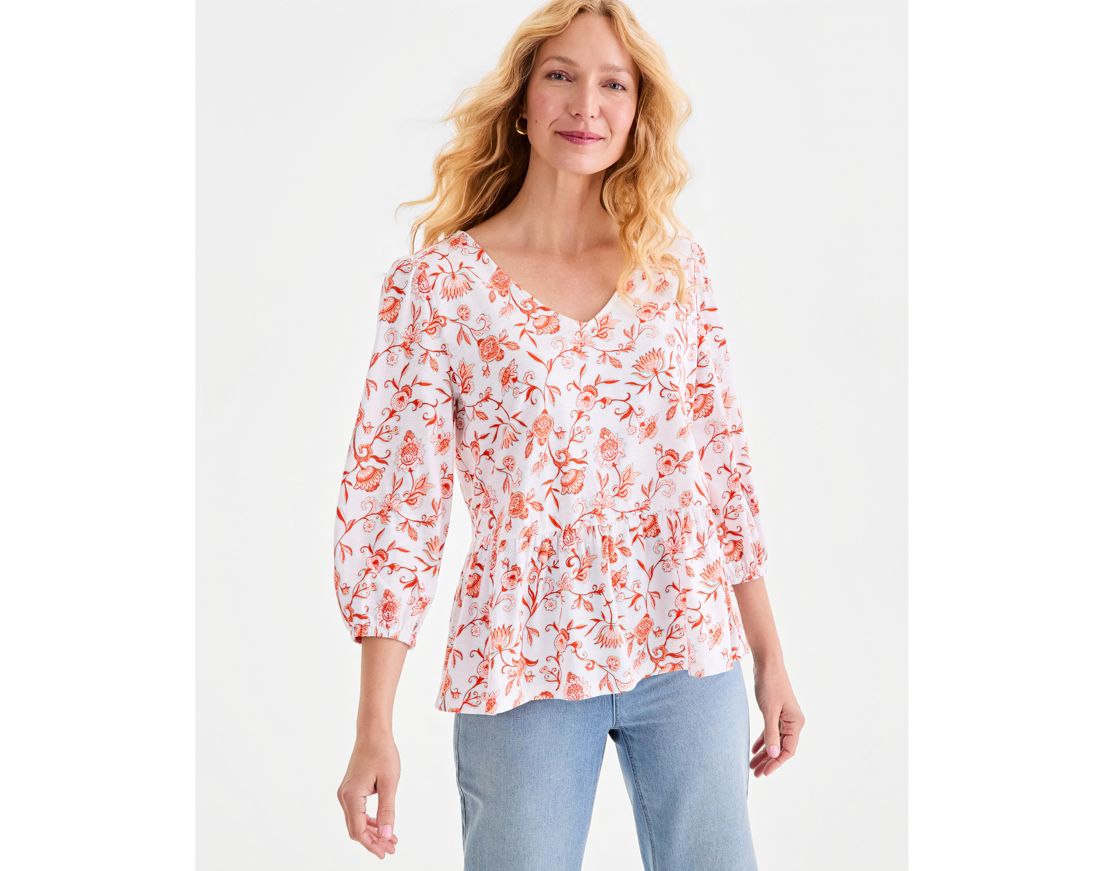 Style & Co Women's Printed 3/4-Sleeve V-Neck Peplum Top, Macy's Exclusive