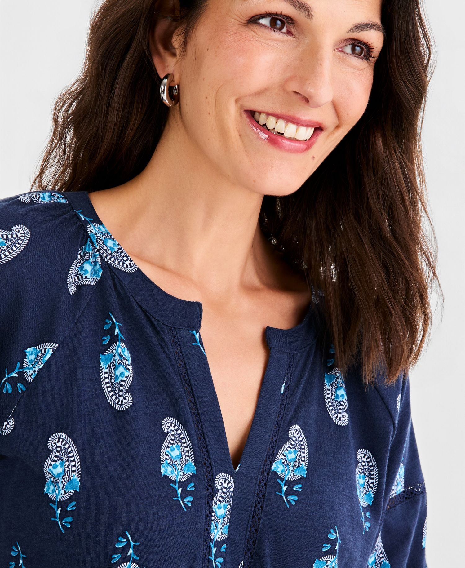 Petite Elbow-Length Sleeve Split Neck Top
