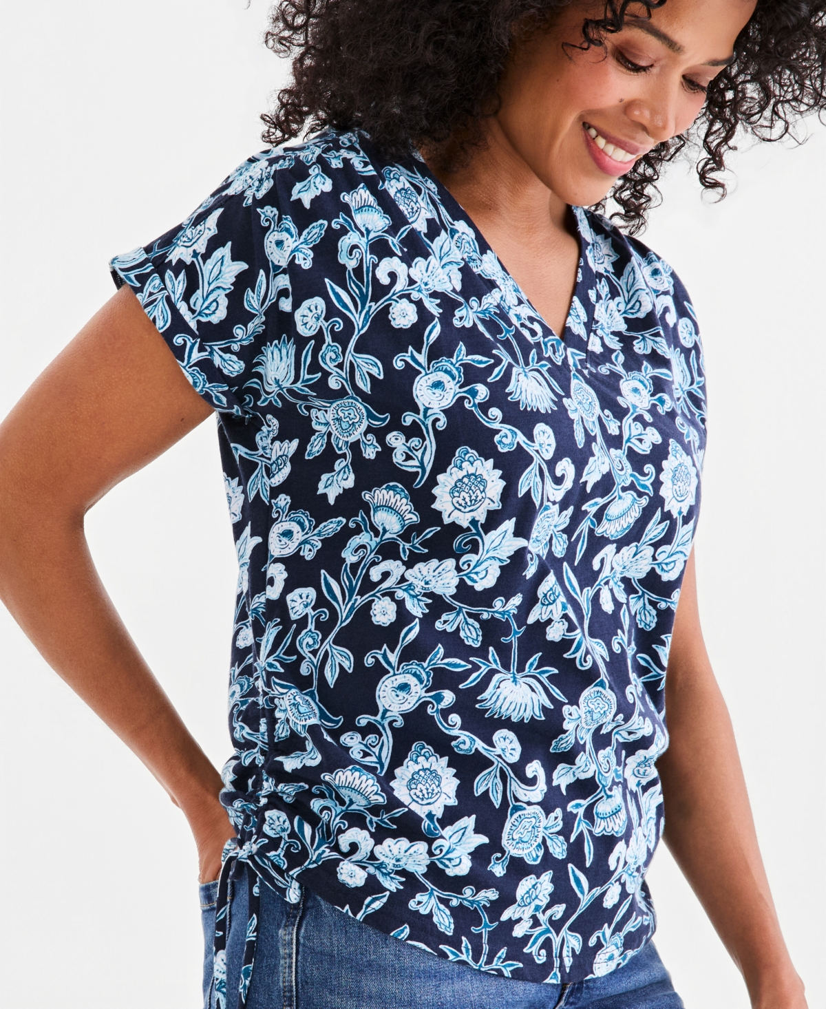Style & Co Petite Ruched Tie Fresh Paisley Print V-Neck Top, Macy's Exclusive