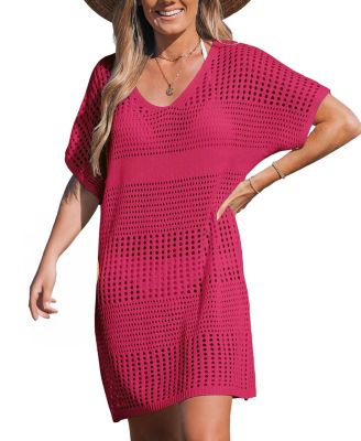 Women's Beige Crochet Short Sleeve Cover-Up Dress