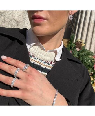 Suzy Levian Sterling Silver Cubic Zirconia White Baguette Three Row Eternity Band