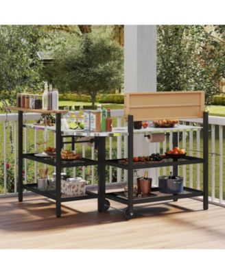 Outdoor Foldable Grill Table with Flip-Up Top and 2 Storage Shelves for Backyard Garden